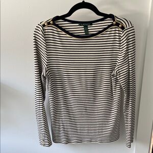 Lauren Ralph Lauren Navy and White Striped Long-Sleeve Top with Gold Buttons